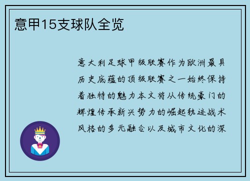 意甲15支球队全览